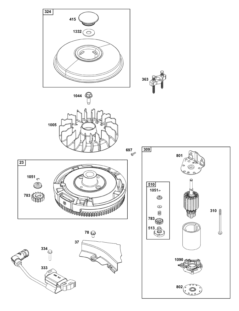 Flywheel, Ignition, And Starter Group Diagram and Parts List for 33S777-0004-G1 200000 - 399999 Briggs and Stratton Engine